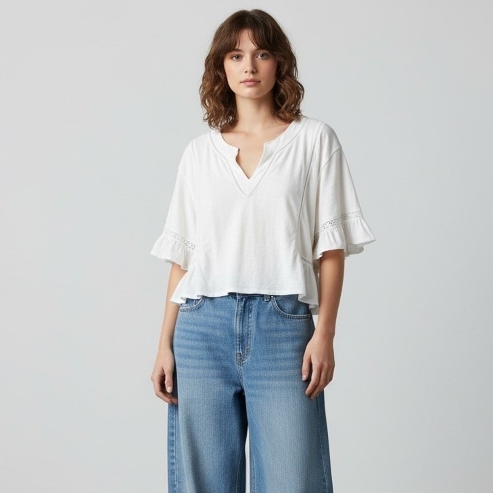 Aerie White Crop Flutter Sleeve Peplum Top Large Lightweight Cotton Boho Cottage